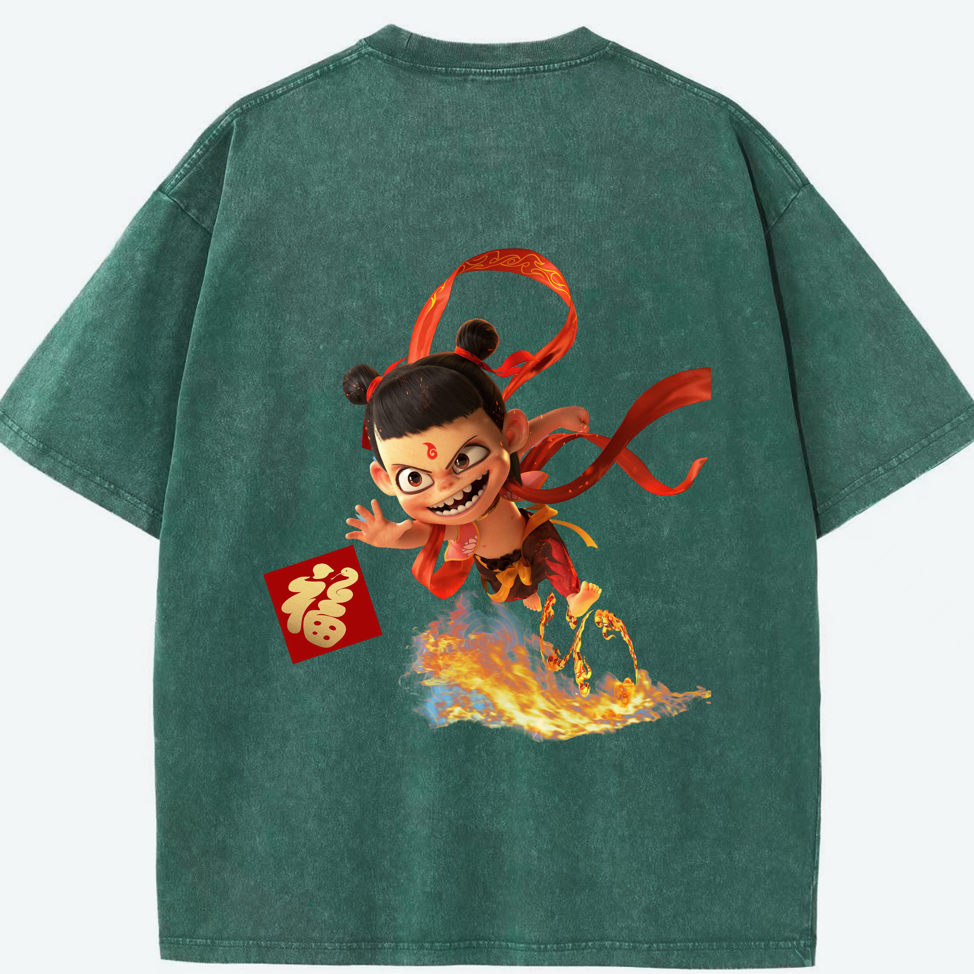 （画像用） Ne Zha 2 ナタ 魔童の大暴れ 綿100% ヴィンテージ風 半袖Tシャツ（背面プリント）